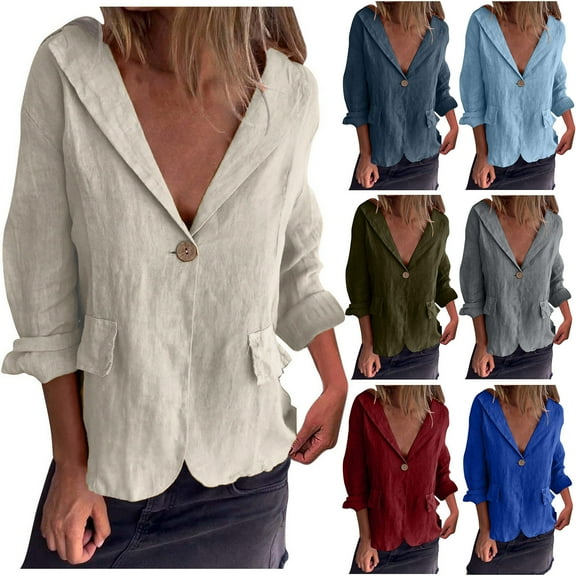 BiZtdJrK Linen Shirts Jacket for Women Long Sleeve Lapel Blazers Business Casual Work Office Suit Jackets Solid Button Open Front Cardigan Dollar Sales Dark Blue M