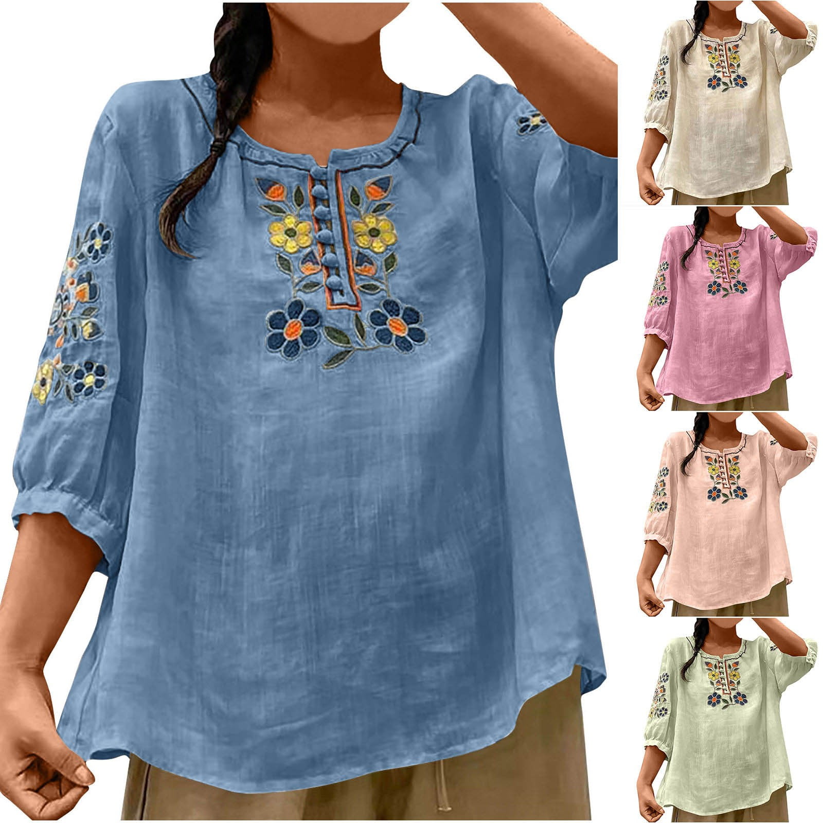 BiZtdJrK Linen shirts for women 2025 summer boho beach blouse 3/4 ...