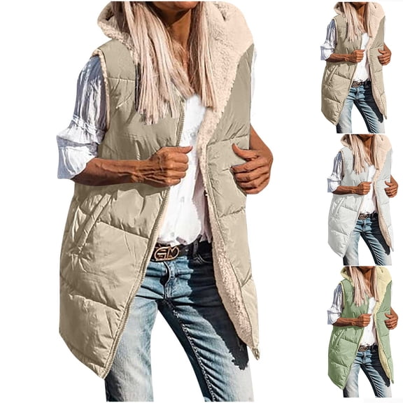 BiZtdJrK Long Puffer Vest for Women 2025 Fall Winter Warm Fleece Sherpa Jacket Reversible Sleeveless Zip Up Hooded Coat with Pockets Khaki S