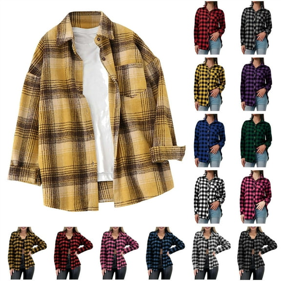 BiZtdJrK Long Sleeve Flannel Shirts for Women Casual Button Down Lapel Blouse Tops Fashion Plaid Shacket Jacket Outdoor Tartan Coat with Pocket, Red, XL