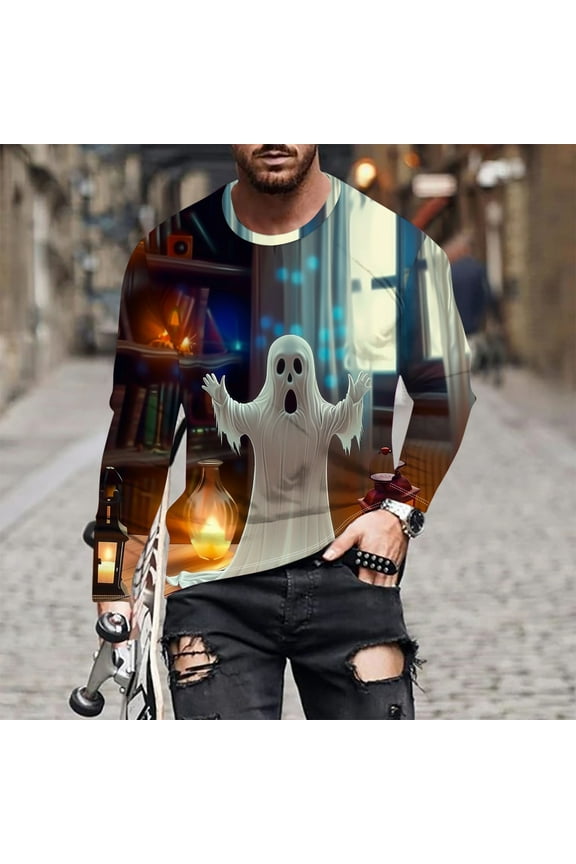 Long Sleeve Halloween Shirts for Mens Cute 3D Ghost Graphic T shirts Fashion Funny Cool Costume Tee Tops Deal of The Day Prime Today Blue XXXL