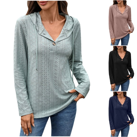 BiZtdJrK Long Sleeve Hooded Shirts for Women Eyelet Button V Neck Long Sleeve Pullover Drawstring Lightweight Casual Hoodies Black S
