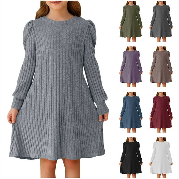 BiZtdJrK Long Sleeve Knit Sweater Dress with Pockets for Teen Girls Back to School Outfits Knitted Knit Ruffle Sleeve A Line Midi Dresses, Wine, 7 Years