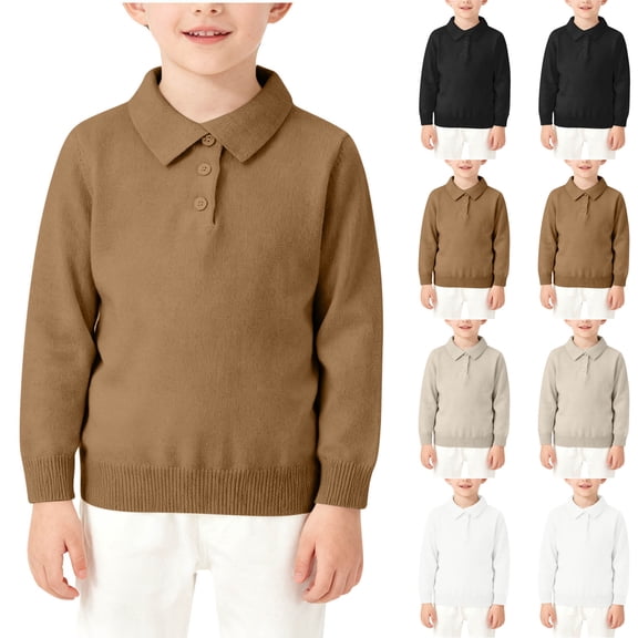BiZtdJrK Long Sleeve Polos Shirts Solid Color Ribbed Knit Sweater Casual Button Lapel School Uniform Tops Beige