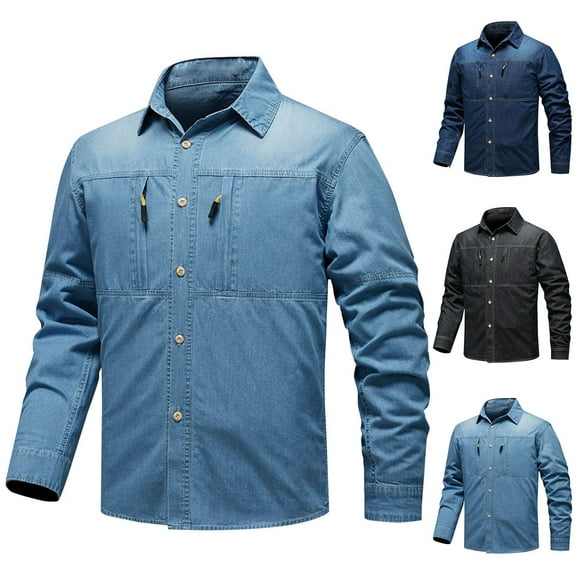 BiZtdJrK Long Sleeve Shirts for Men Big and Tall Jean Blouse Casual Button Down Lapel Work Tops Business Slim Fit Denim Tshirts with Pockets Sales of the Day Dark Blue L