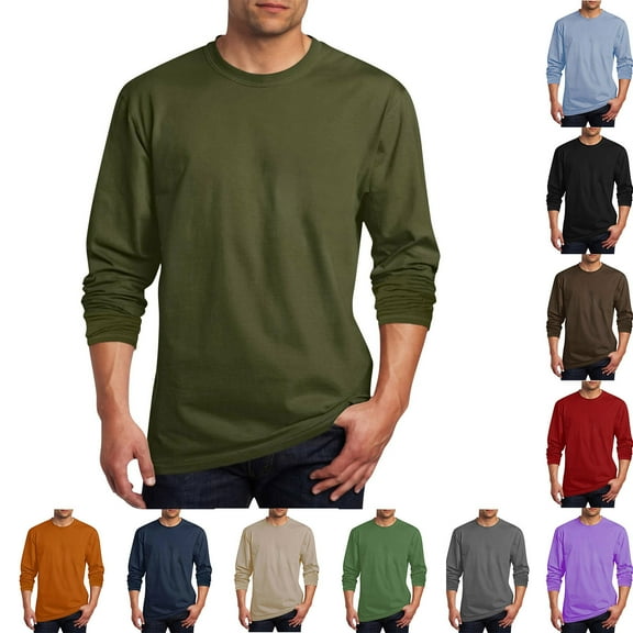 BiZtdJrK Long Sleeve Shirts for Men Solid Casual Soft Basic Tees Workout Tops Crew Neck Pullover Blouse, Army Green, XXL