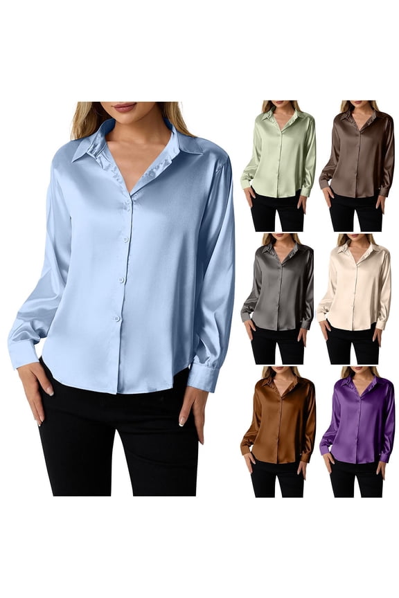 Long Sleeve Shirts for Women Satin Silk Button Down Shirt Dressy Casual Work Blouses Loose Comfy Tops Beige S