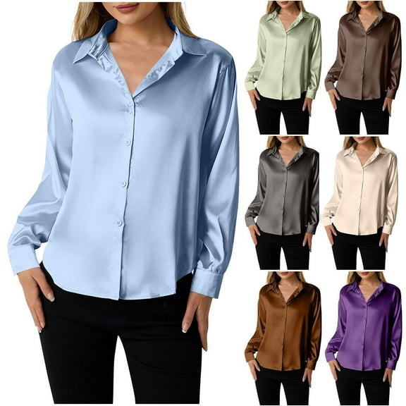 BiZtdJrK Long Sleeve Shirts for Women Satin Silk Button Down Shirt Dressy Casual Work Blouses Loose Comfy Tops Coffee L