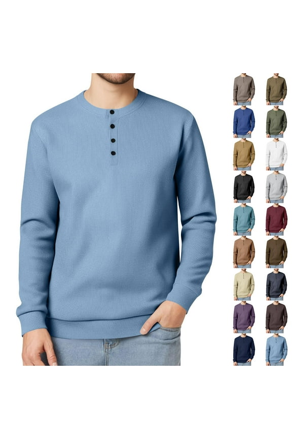 Long Sleeve T Shirts for Men Waffle Knitted Henley Shirts Solid Casual Hippie Pullover Button Down Crew Neck Blouse Tops Green XXL Limited Time Sale