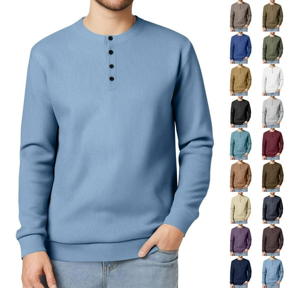 BiZtdJrK Long Sleeve T Shirts for Men Waffle Knitted Henley Shirts Solid Casual Hippie Pullover Button Down Crew Neck Blouse Tops Sky Blue S Today Sales