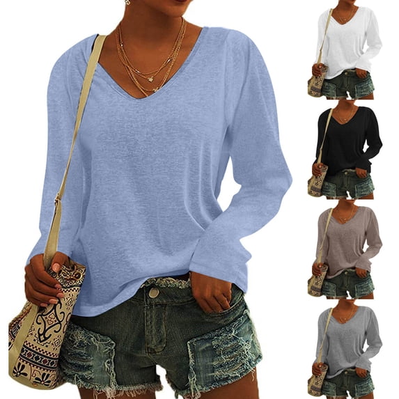 BiZtdJrK Long Sleeve Tops for Women V Neck Solid Casual T Shirts Loose Comfy Lounge T Shirt Fall Basic Pullover Top Black XL