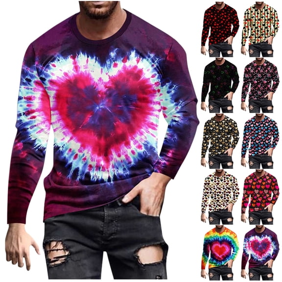 BiZtdJrK Long Sleeve Workout Tops for Men Heart Printed Graphic Tees Casual Crewneck Cotton Pullover Workout T-Shirt, Red, XXXXXL
