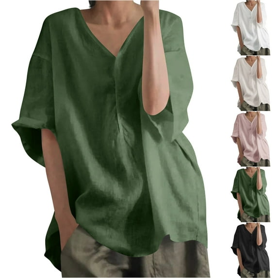BiZtdJrK Loose Cotton Linen T Shirts for Women 3/4 Sleeve V Neck Summer Beach Tunics Lightweight Breathable Vacation Tee Top Beige M