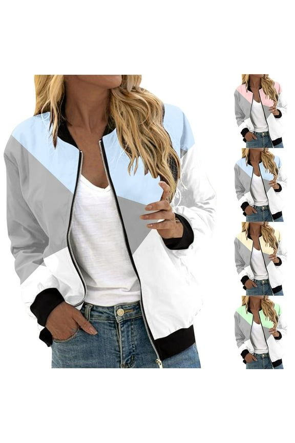 Loose Fit Jackets for Women Color Block Full Zip Fashion Bomber Jacket Comfy Stretch Casual Outerwear Light Blue XL