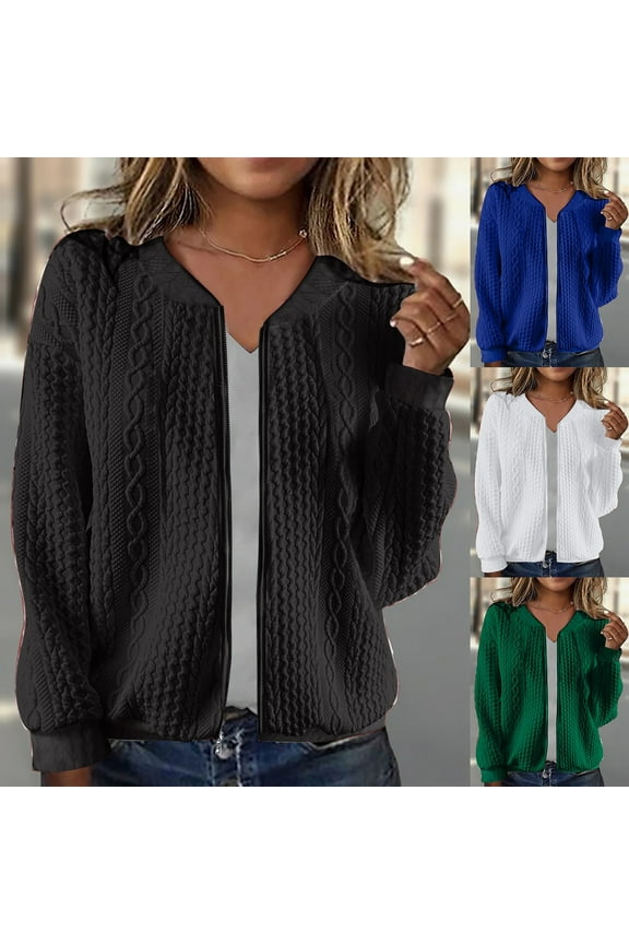 Loose Fit Outerwear for Women Jacquard Zip Up Long Sleeve Bomber Jacket Solid Casual Fall Jackets Black S