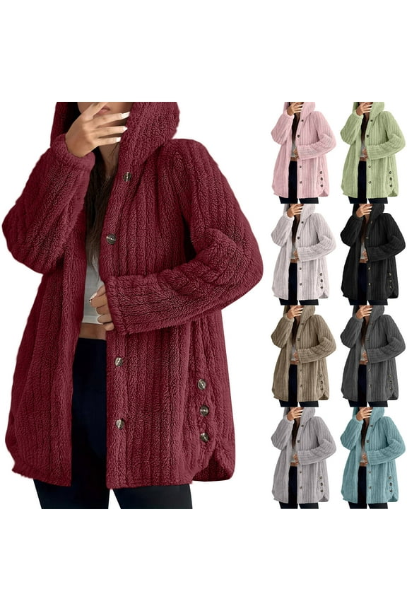 Loose Fuzzy Fleece Jackets for Women Side Split Button Down Long Sleeve Hooded Jacket Comfy Casual Winter Outerwear Black S