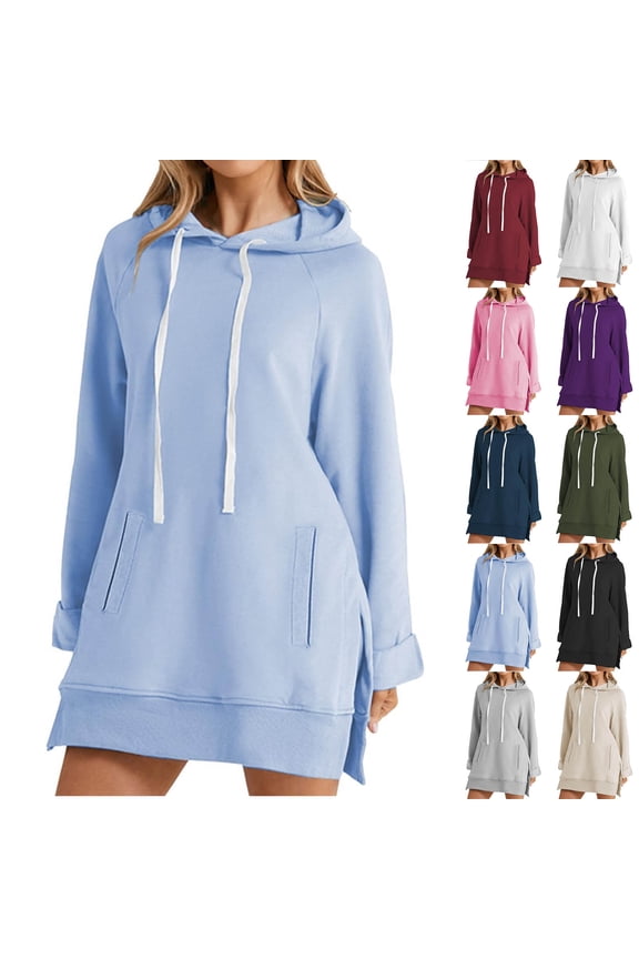 Loose Hooded Sweatshirt Dress for Women Side Split Long Sleeve Casual Mini Dresses Drawstring Solid Causal Hoodies with Pocket Navy XXL