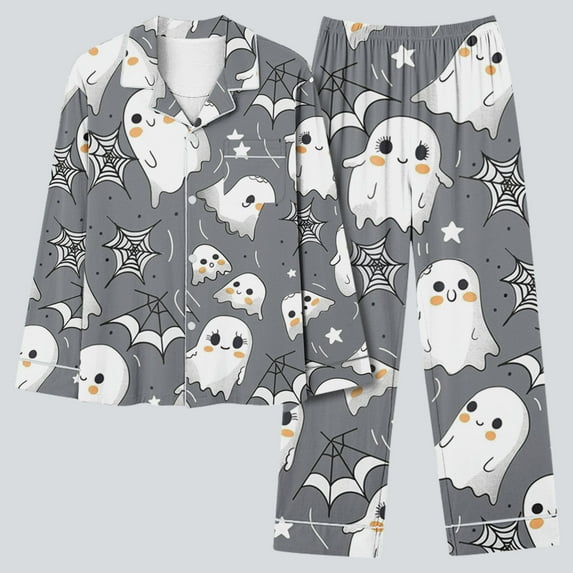 BiZtdJrK Lounge 2 Piece Sets for Women Pumpkin Print Long Sleeve Button Down Shirts and Pants Pajama Set Fashion Halloween Party Outfits with Pocket AA-Gray XL