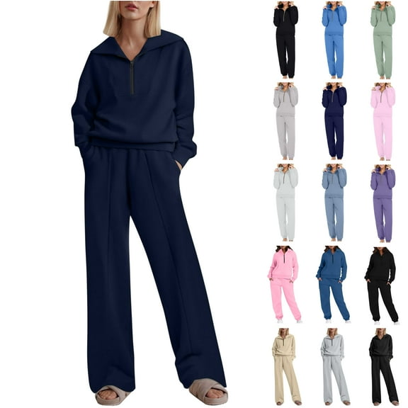 BiZtdJrK Lounge Sets for Women 2025 Half Zip Sweatshirt and Wide Leg Sweatpant 2 Piece Outfits Outdoor Solid Casual Sweatsuit Tracksuit with Pockets Black M 2025 Clearance