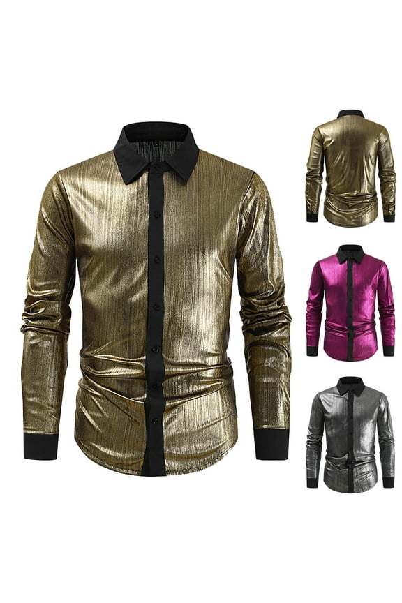 Luxury Satin Dress Shirt for Men Shiny Silk Long Sleeve Button Up Shirts Wedding Party Prom Solid Color Shirts Prime Sales Gold M
