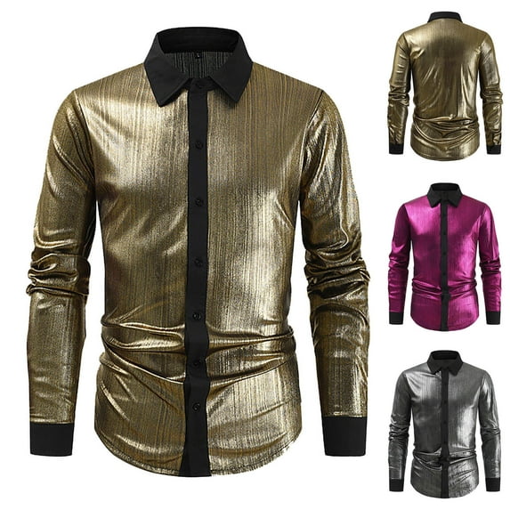 BiZtdJrK Luxury Satin Dress Shirt for Men Shiny Silk Long Sleeve Button Up Shirts Wedding Party Prom Solid Color Shirts Today's Sales Gold L