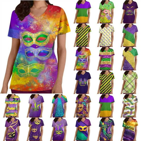 BiZtdJrK Mardi Gras Scrubs for Women Medical V Neck Short Sleeve Working Shirts 2025 Summer Fashion Graphic Scrub Tops with Pockets Purple S Back Packs Sales for School