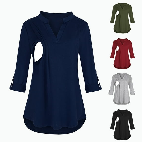 BiZtdJrK Maternity Breastfeeding T Shirts for Women 3/4 Roll Sleeve V Neck Nursing Tops Loose Pregnancy Tee Shirts Red L