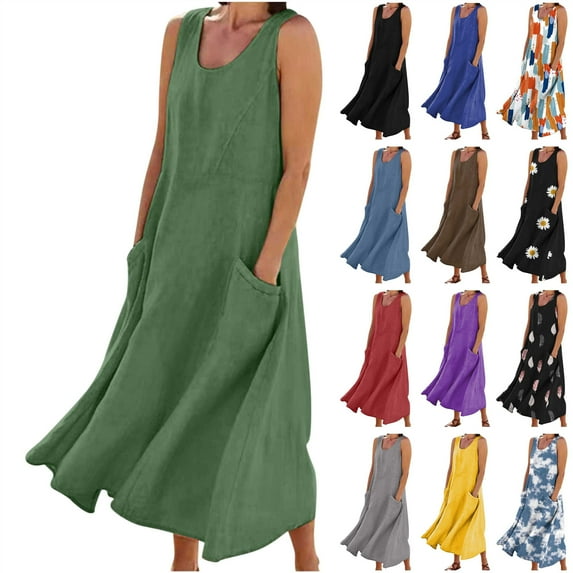 BiZtdJrK Maxi Dresses for Women 2025 Sleeveless Cotton Linen Summer Dress with Pockets Casual Flowy Boho Beach Vacation Sundress Army Green XXXL Ofertas en Walmart