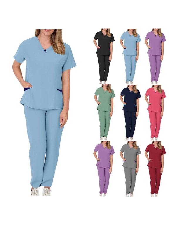 Medical Nursing Uniform for Women Lightweight Scrub Sets V Neck Short Sleeve Scrubs Tops and Pants 2 Piece Outfits with Pockets Birthday Gift Hot Pink L