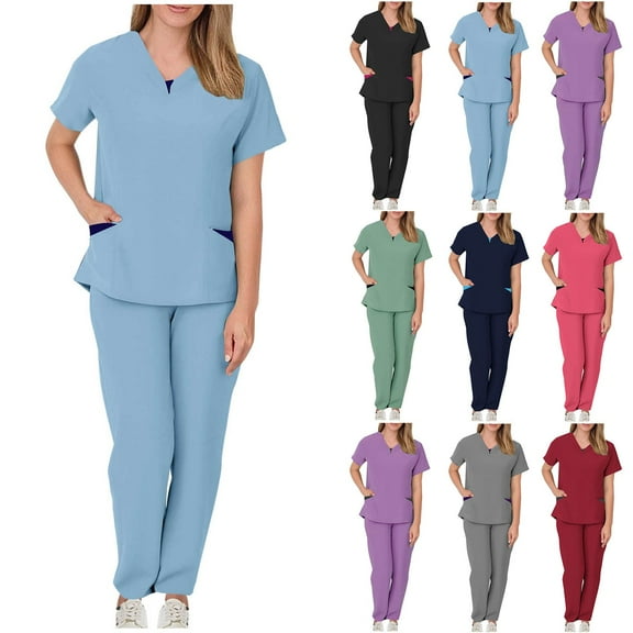 BiZtdJrK Medical Nursing Uniform for Women Lightweight Scrub Sets V Neck Short Sleeve Scrubs Tops and Pants 2 Piece Outfits with Pockets Hot Pink S