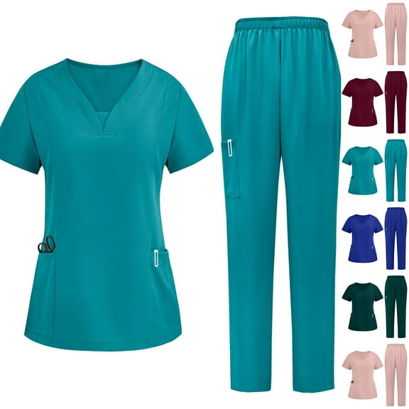 BiZtdJrK Medical Scrubs for Woman V Neck Short Sleeve T Shirts and Pants Two Piece Sets Lightweight Nursing Uniform Workwear with Pockets Birthday Gift Green XXL