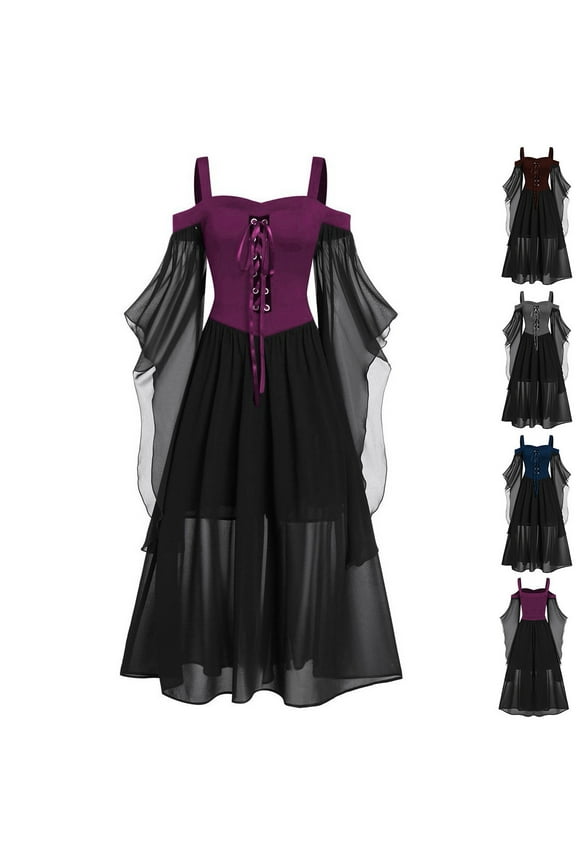 Medieval Dress Women Halloween Cold Shoulder Dresses Plus Size Flared Sleeve Maxi Dress Sexy Lace Up Cosplay Costumes Gothic Dresses Ofertas Flash Del Dia Gray