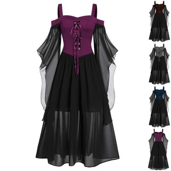BiZtdJrK Medieval Dress Women Halloween Cold Shoulder Dresses Plus Size Flared Sleeve Maxi Dress Sexy Lace Up Cosplay Costumes Gothic Dresses Prime Today Green