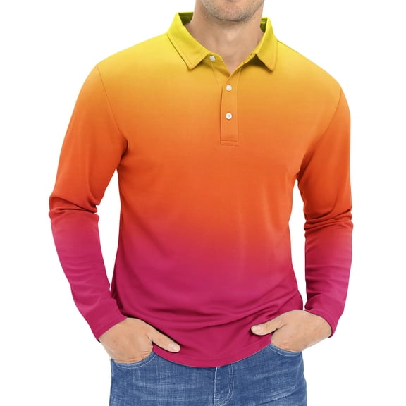 BiZtdJrK Men Big and Tall Polos Shirts Gradient Print Long Sleeve Lapel Collar Pullover T Shirts Lightweight Casual Golf Shirts Todays Daily Sales Watermelon Red XXXXXL