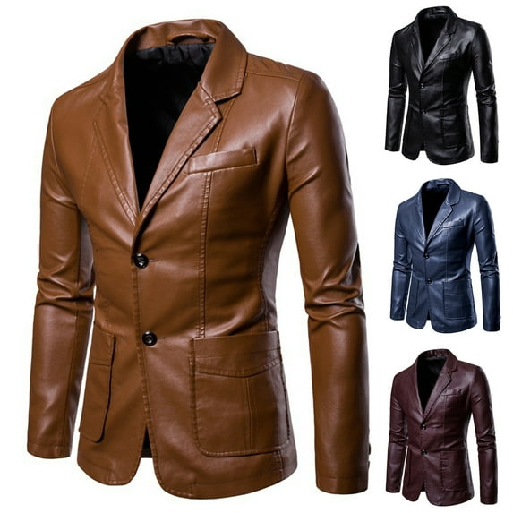 BiZtdJrK Men Big and Tall Faux Leather Suit Jacket Notched Collar Two Button Business Sport Coats Slim Fit Motorcycle Biker Jackets Dark Blue XL