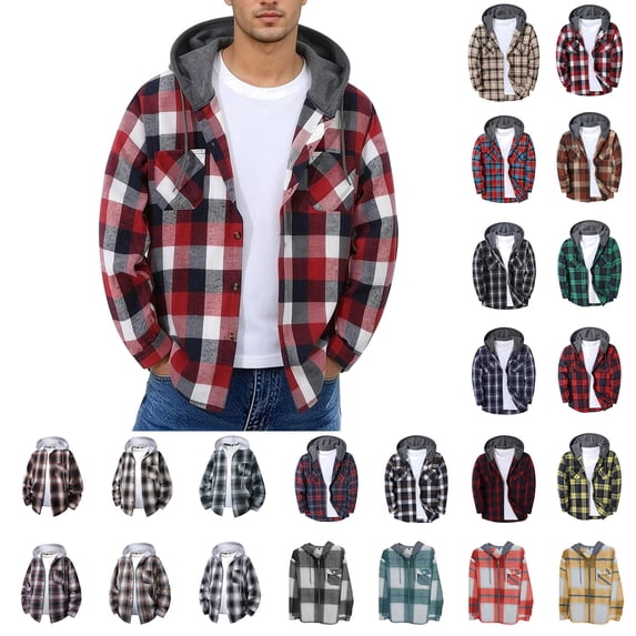 BiZtdJrK Men Casual Button Down Flannel Hoodies Long Sleeve Fashion Plaid Shirt Jackets Drawstring Daily Wear Hooded Jacket with Chest Pockets Multicolor M
