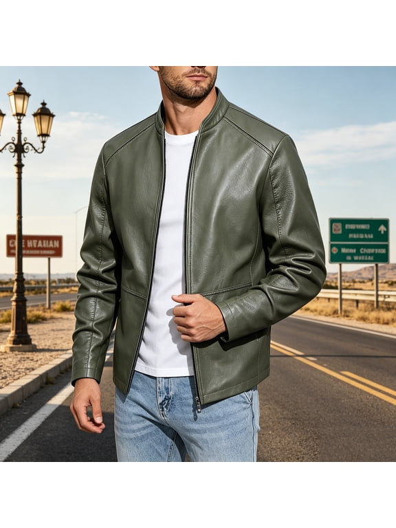 Men Classic Zip up Pu Faux Leather Jacket Stand Collar Windproof Motorcycle Bomber Coat with Pockets Army Green,M