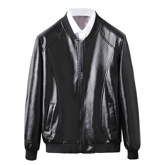 BiZtdJrK Men Classic Zip up Pu Faux Leather Jacket Stand Collar Windproof Motorcycle Bomber Coat with Pockets Black,XXL(58)
