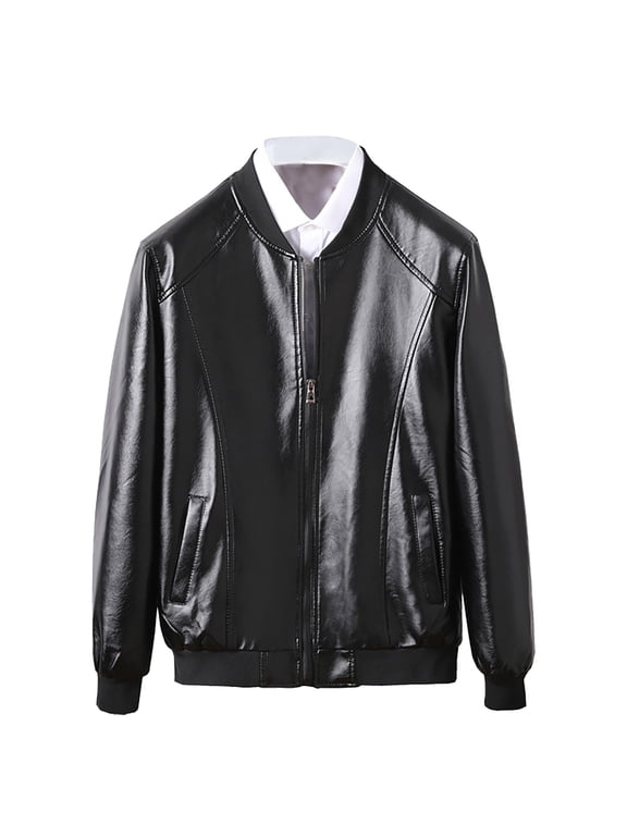 Men Classic Zip up Pu Faux Leather Jacket Stand Collar Windproof Motorcycle Bomber Coat with Pockets Black,XXL(58)