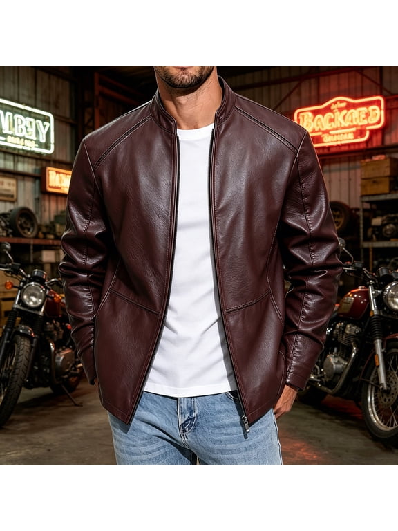 Men Classic Zip up Pu Faux Leather Jacket Stand Collar Windproof Motorcycle Bomber Coat with Pockets Wine,M