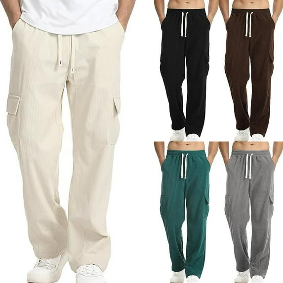 BiZtdJrK Men Corduroy Cargo Pants Drawstring Waist Multi Pocket Casual Straight Leg Trendy Pants, Gray, XL
