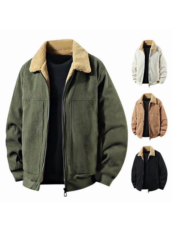 Men Corduroy Fleece Lined Jacket Big and Tall Lapel Collar Zipper Jackets Long Sleeve Warm Trucker Coat with Pockets Army Green M