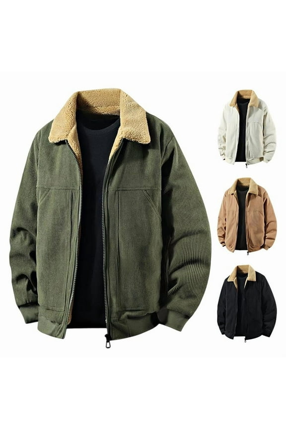 Men Corduroy Fleece Lined Jacket Big and Tall Lapel Collar Zipper Jackets Long Sleeve Warm Trucker Coat with Pockets Beige XXXXL