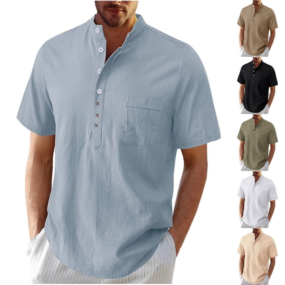 BiZtdJrK Men Cotton Linen Henley Shirt Button Up Stand Collar Short Sleeve Casual T-Shirts Curved Hem Fashion Summer Tee Tops with Chest Pocket Khaki L