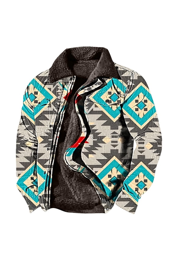 Men Cowboy Jacket Western Aztec Sherpa Fleece Lined Jackets Vintage Print Long Sleeve Zipper Coat Winter Warm Jackets with Pockets Back To School Sales Light Blue L