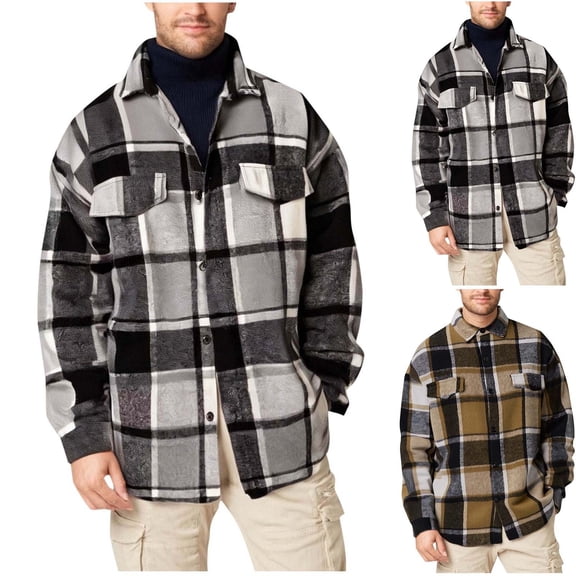 BiZtdJrK Men Flannel Plaid Shirt Lapel Collar Long Sleeve Button Down Shirt Jackets Regular Fit Stylish Casual Shacket with Chest Pockets Khaki XXL