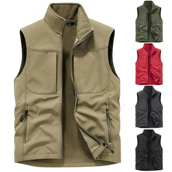 BiZtdJrK Men Fleece Cargo Vest Stand Collar Zip Up Sleeveless Workwear Jacket Outdoor Lightweight Hiking Travel Golf Vest with Pockets Sale Of The Day Red XXXXXL