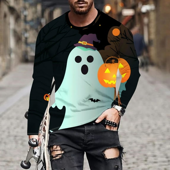 BiZtdJrK Men Halloween T-Shirts Cute 3D Ghost Graphic Tshirts Crewneck Long Sleeve Holiday Casual Pullover Clearance Items V-Multicolor#mens long sleeve button down shirts XXXXXL