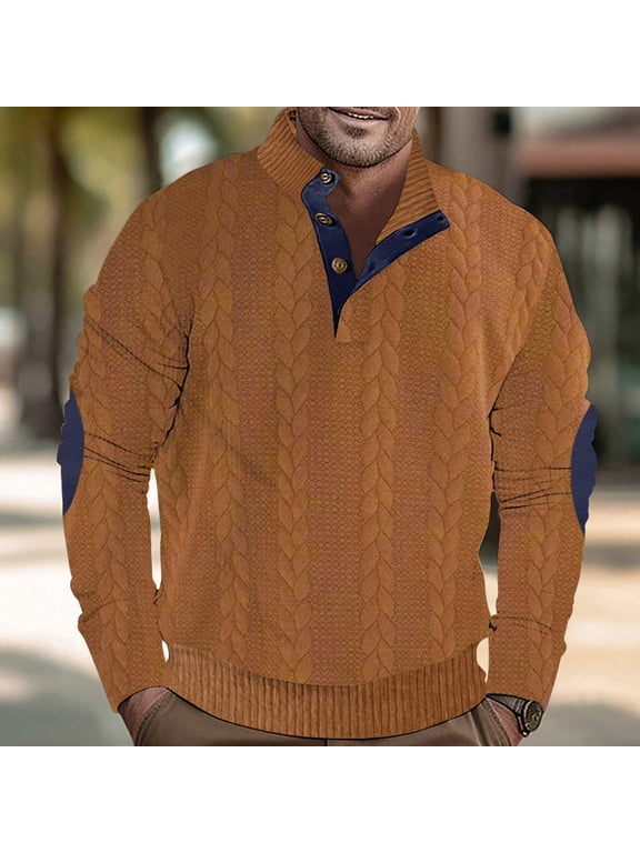 Men Henley Shirt Loose Fit Long Sleeve Button Shirts Big and Tall Lightweight Casual Work Shirts with Elbow Patches Brown XXL