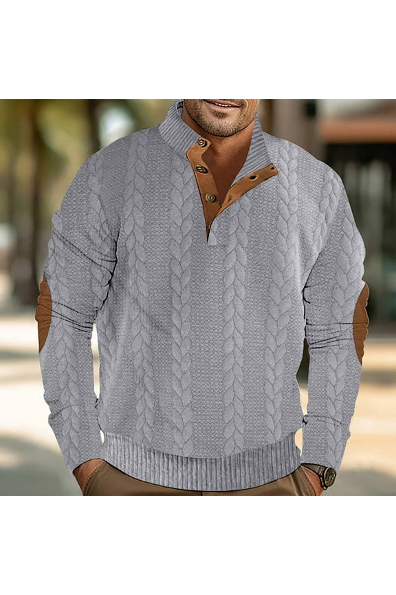 Men Henley Shirt Loose Fit Long Sleeve Button Shirts Big and Tall Lightweight Casual Work Shirts with Elbow Patches Gray L